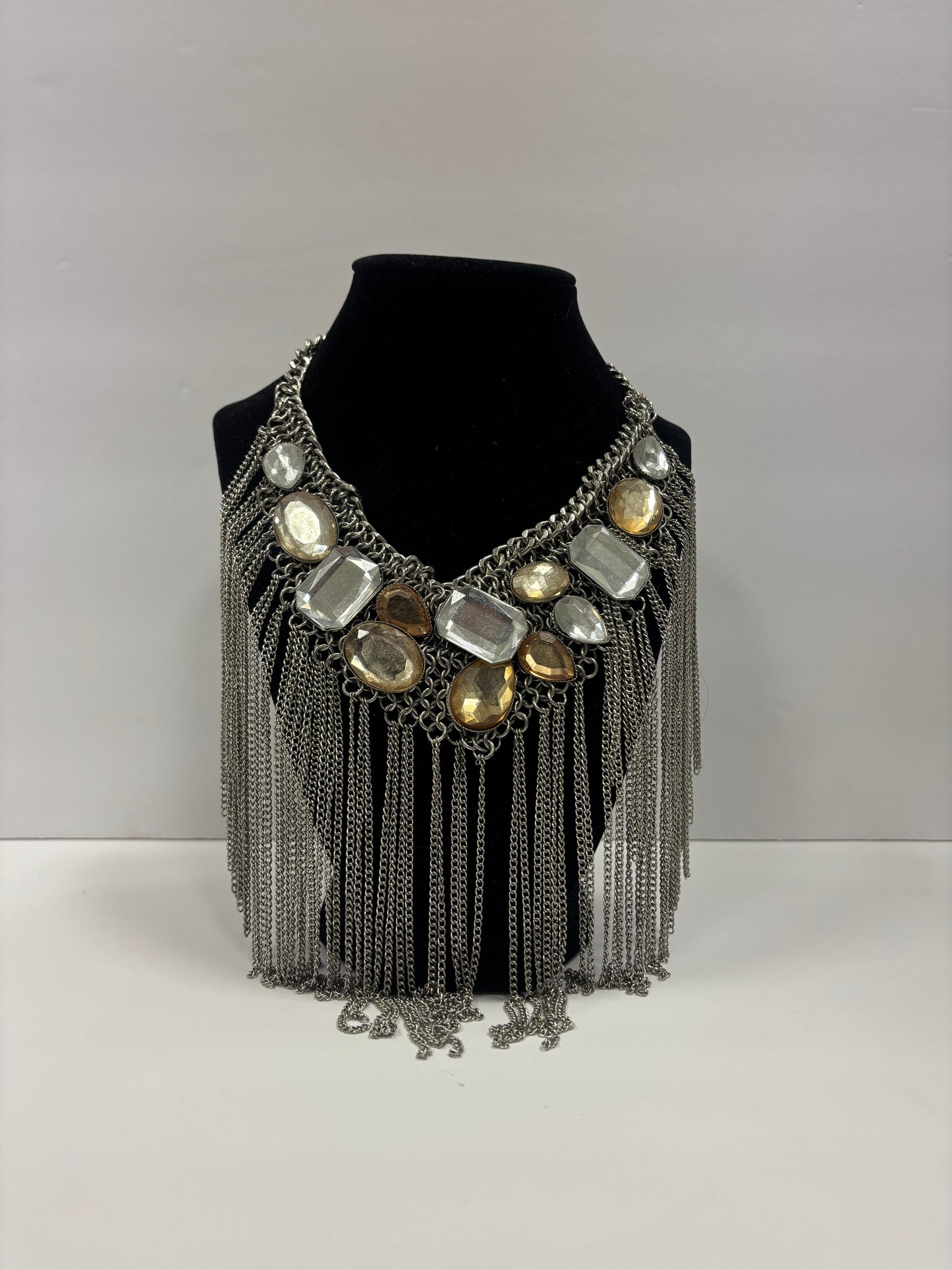 Silver & Gold Accented Fringe Statement Necklace