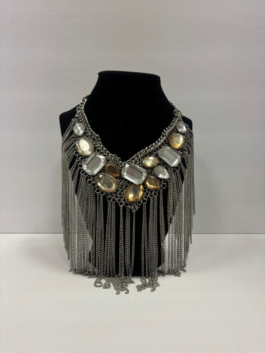 Silver & Gold Accented Fringe Statement Necklace