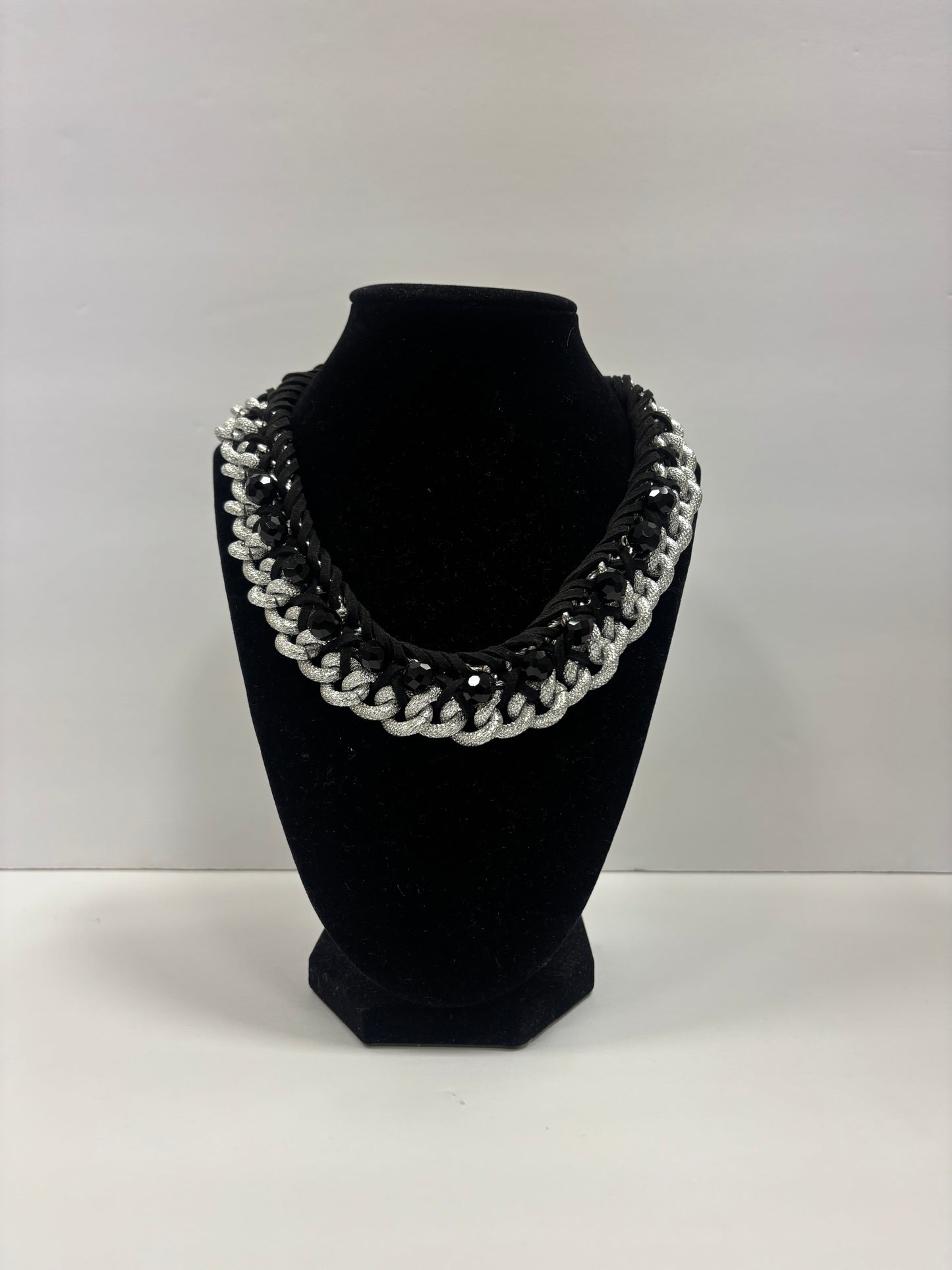 Black & Silver Braided & Beaded Necklace