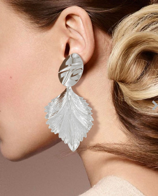 Large Silver Metal Leaf Earring