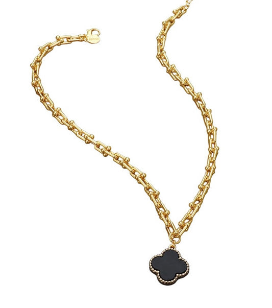 Black Quatrefoil Chain Link Necklace