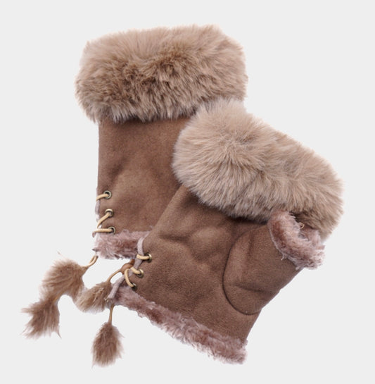 Fingerless Faux Fur & Suede Gloves-Beige